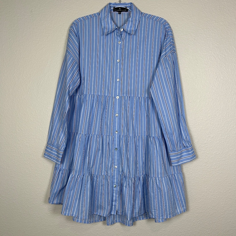 Pomander Place size M Cara shirt dress long sleeve stripe blue tiered cotton